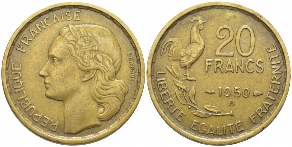 ФРАНЦИЯ 20 ФРАНКОВ 1950 В, 4 ПЕРА KM 917.2, LE FRANC 402.4 алюминиевая бронза 3856-423