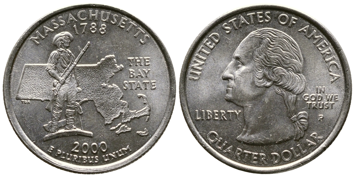 США 25 центов = квотер 2000 Р, серия штаты США, Массачусетс KM 305 медь плакированная медно-никелем 56-314