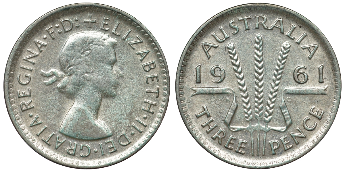 Австралия 3 пенса 1961 m, Елизавета II (1952-2022) KM 57 серебро 71-753