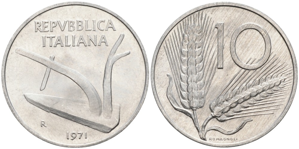 Италия 10 лир 1971 R, колосья, плуг KM 93 алюминий UNC 86-844