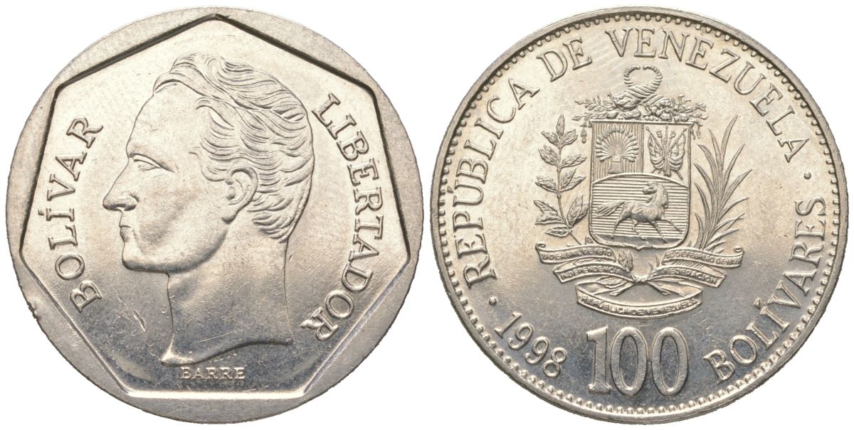 Венесуэла 100 боливаров 1998 Симон Боливар KM 78.1, Schon 88 сталь плакированная никелем aUNC 4364-414