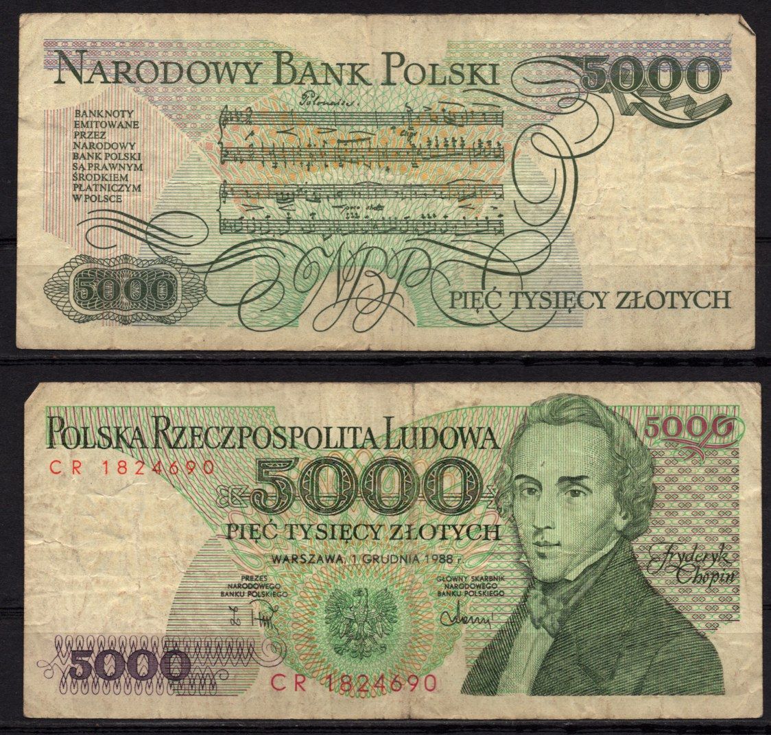 Польша 5000 злотых 1988 Фредерик Францишек (Фредерик Франсуа) Шопен, ноты полонеза Pick 150 c бумага 7548-93-1-1