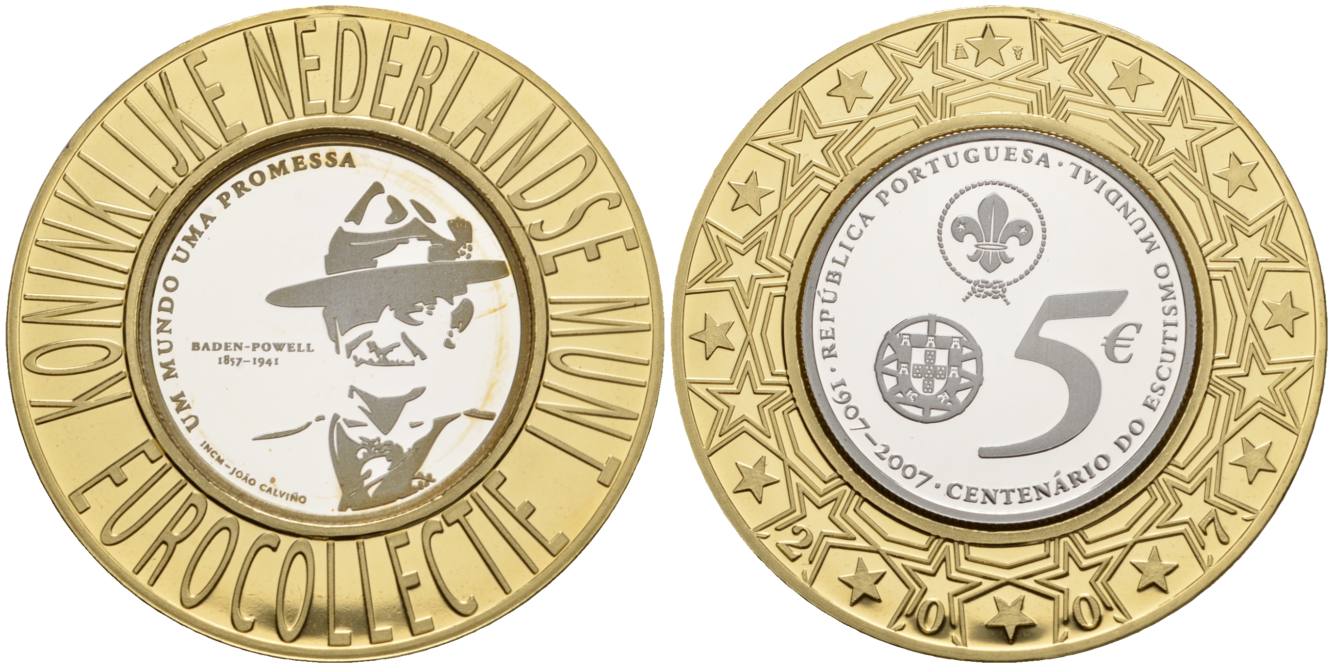 Португалия 5 евро 2007 100 лет движения скаутов, Роберт Баден-Пауэлл (1857-1941), коллекция Нидерландского монетного двора KM 770 a серебро PROOF 11-060-34