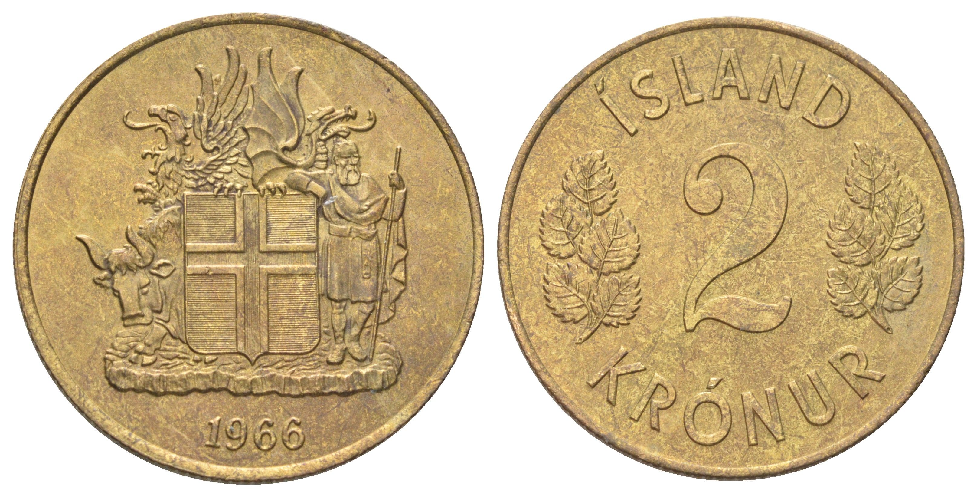 Исландия 2 кроны 1966 KM 13a.1 никель латунь UNC 4666-913