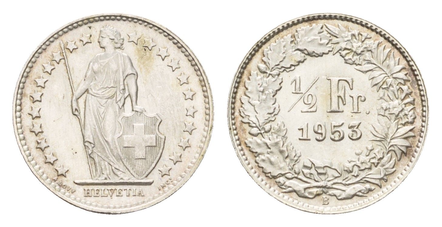 Швейцария 1/2 франка 1953 B KM 23 серебро UNC 4124-734