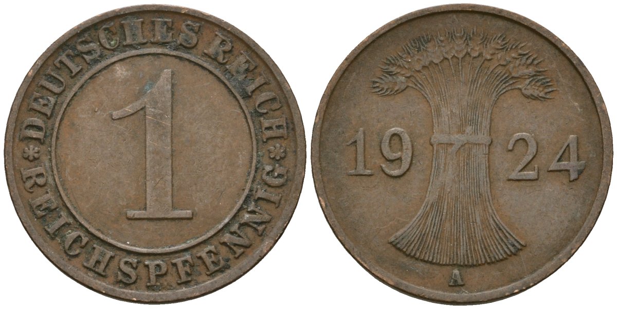 Германия 1 рейхспфенниг 1924 A KM 37, J. 313 бронза 4189-1048