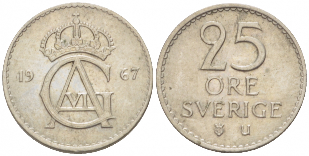 Швеция 25 эре 1967 U Густав VI Адольф (1950-1973) KM 836 медно-никель 3955-361