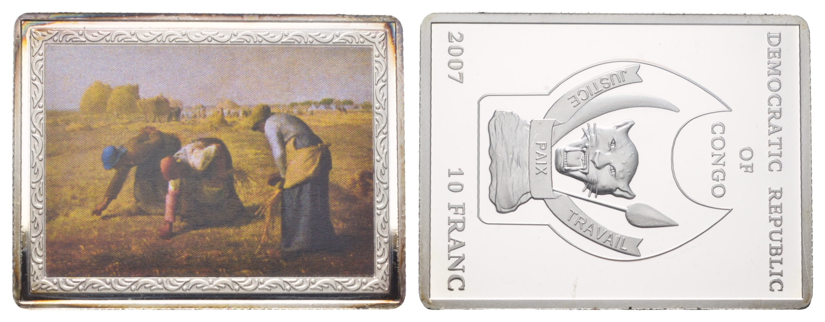 Конго 10 франков 2007 серия шедевры мировой живописи, крестьянки, размер 35Х46 мм., цветная эмаль KM NEW медно-никель PROOF 01-238-22