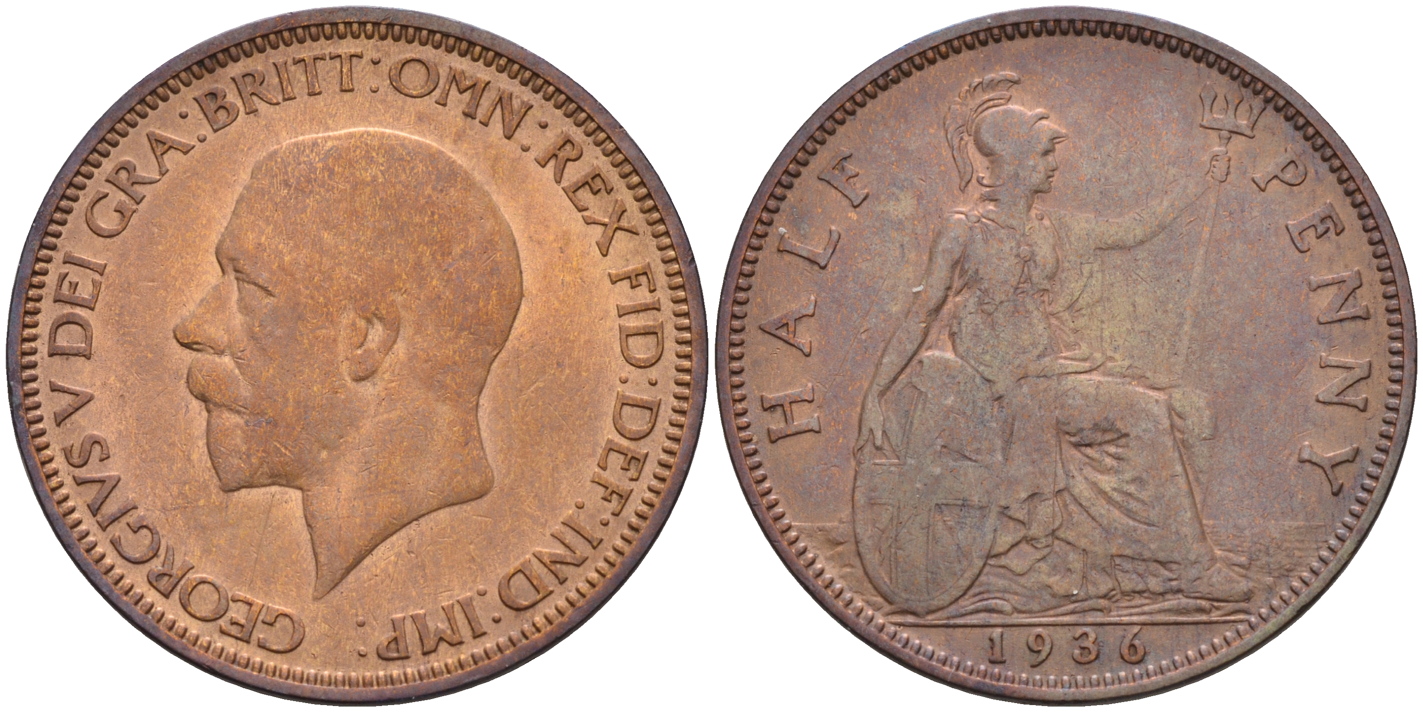 Великобритания 1/2 пенни 1936 Георг V (1910-1936) KM 837, Spink 4058 бронза 4592-332
