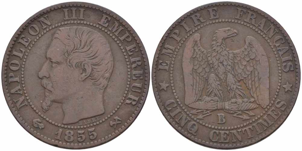 Франция 5 сантимов 1855 B, Наполеон III (1852-1870) KM 777.2, LE FRANC 116.19 бронза 108-316