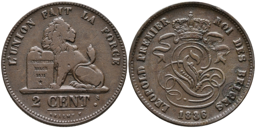 БЕЛЬГИЯ 2 САНТИМА 1836 BELGES KM 4.2 медь 95-714