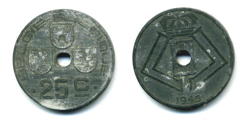 БЕЛЬГИЯ 25 САНТИМОВ 1945 BELGIE-BELGIQUE KM 132 цинк 86-1032