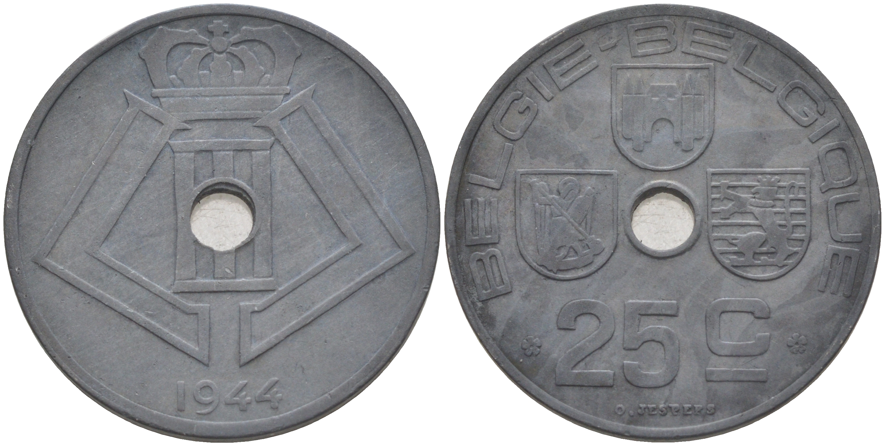 БЕЛЬГИЯ 25 САНТИМОВ 1944 BELGIE-BELGIQUE, ГЕРМАНСКАЯ ОККУПАЦИЯ, ВТОРАЯ МИРОВАЯ ВОЙНА KM 132 цинк 190-111
