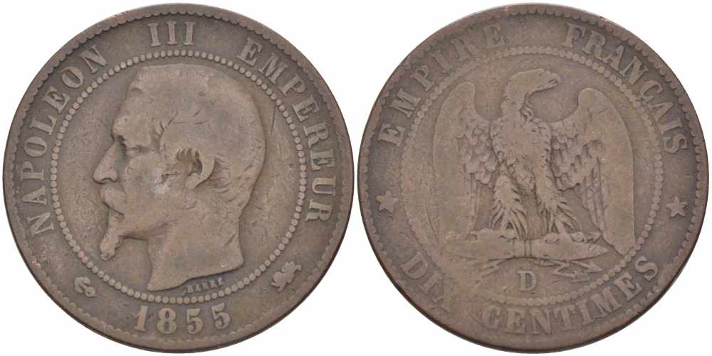 Франция 10 сантимов 1855 D, Наполеон III (1852-1870) KM 771.4, Le Franc 133.25 бронза    4680-521