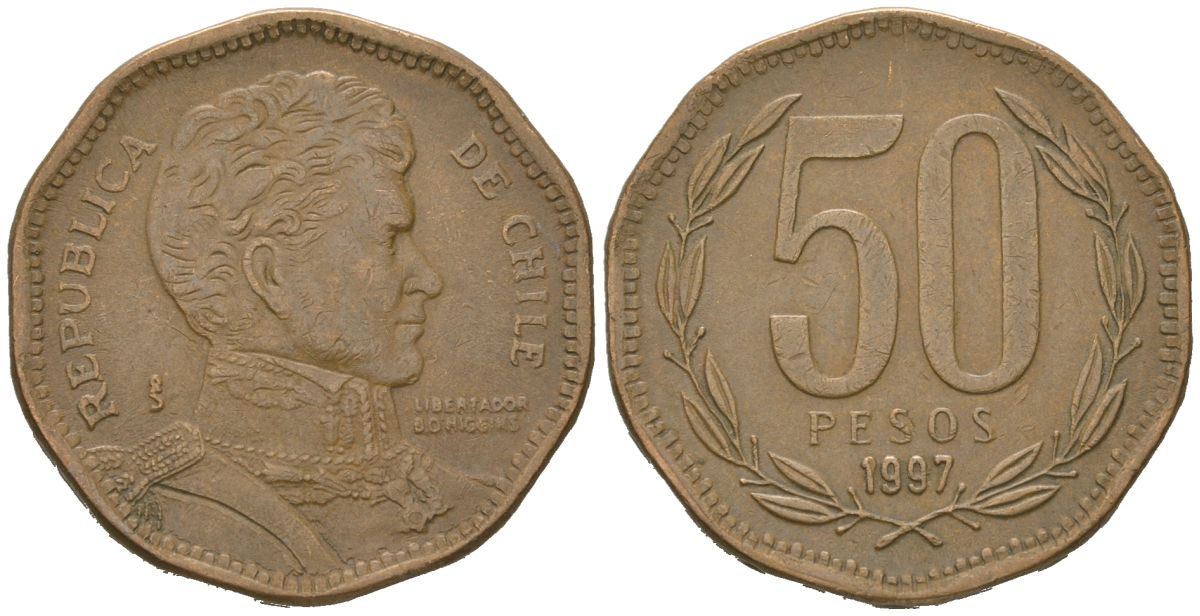 Чили 50 песо 1997 So KM 219 алюминиевая бронза 4523-355