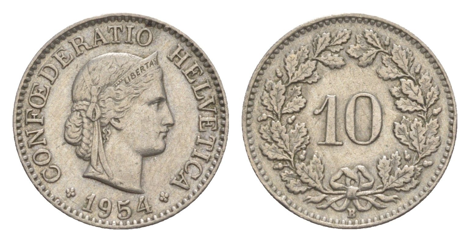 Швейцария 10 раппенов 1954 B KM 27 медно-никель 4625-168