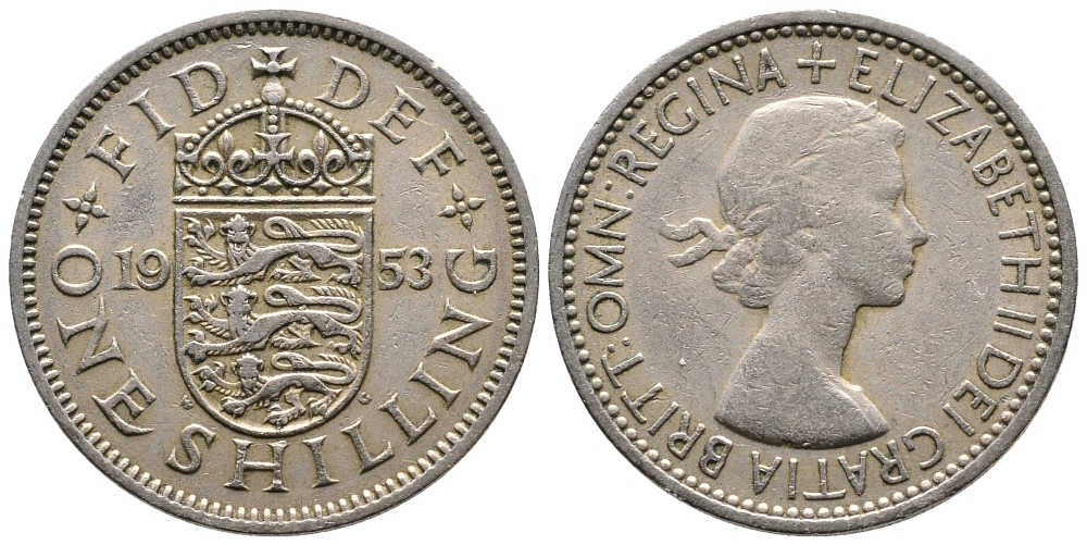 Великобритания 1 шиллинг 1953 Елизавета II (1952-2022), Английский герб KM 890, Spink 4139 медно-никель 86-923
