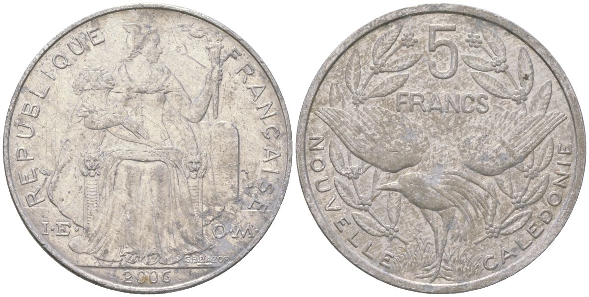 Французская Новая Каледония 5 франков 2006 птица кагу, (IEOM) KM 16, Schoen 12, Lec 81ю алюминий 189-1236