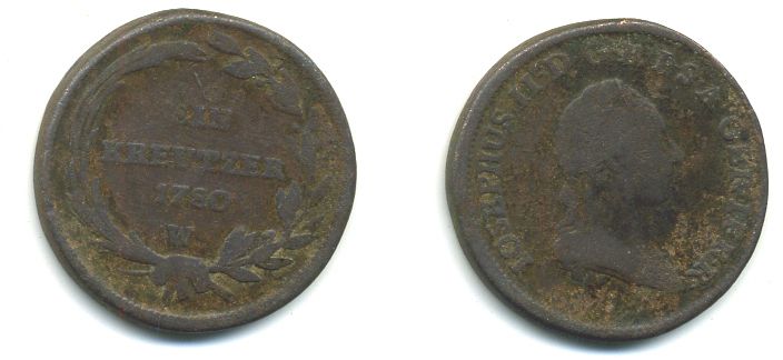 АВСТРИЯ 1 КРЕЙЦЕР 1780 W, ЖОЗЕФ II (1765-1780) KM 2056 медь 00-00