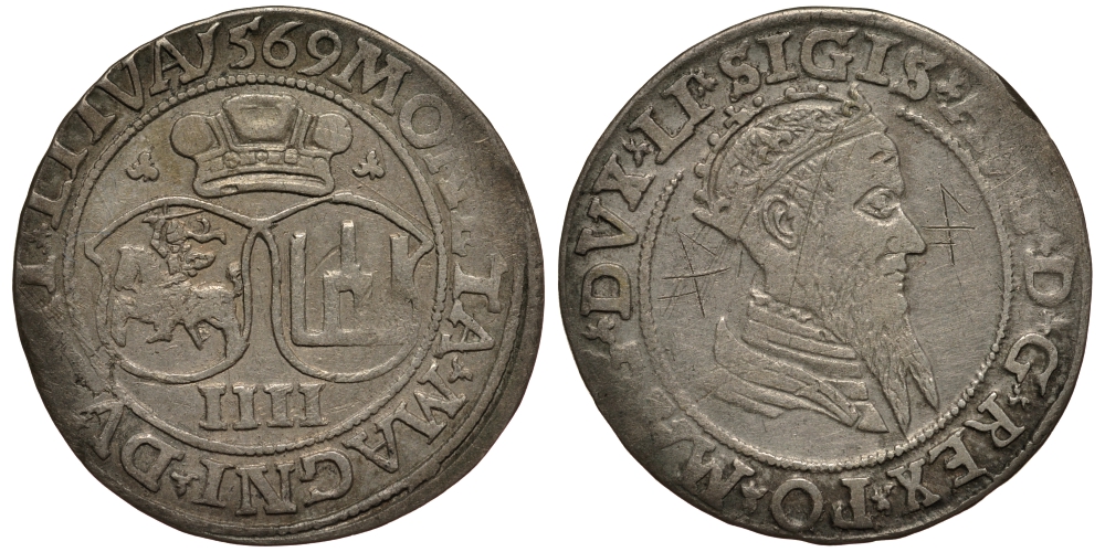 Польша 4 гроша (чворак) 1569 Сигизмунд II Август (1544-1572), вес 4,06 гр., 24 мм, графити Gumowski 624 серебро 1516-1345