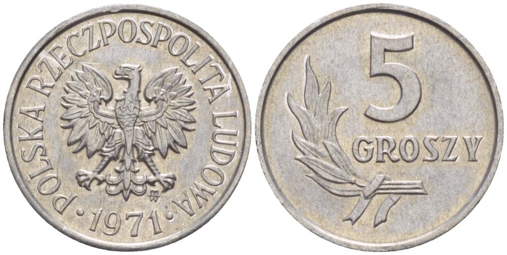 ПОЛЬША 5 ГРОШЕЙ 1971 MW KM А46 алюминий 4528-824