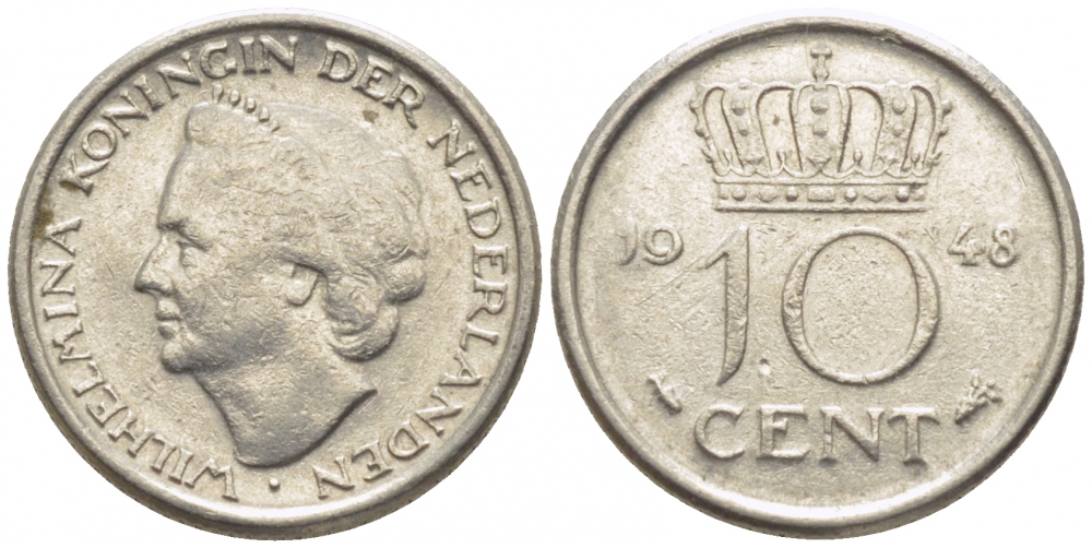 Нидерланды 10 центов 1948 Вильгельмина (1895-1948) KM 177 никель 105-1265