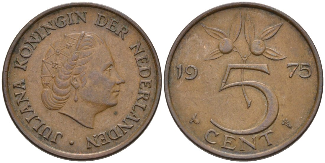 Нидерланды 5 центов 1975 Юлиана (1949-1980) KM 181 бронза 4573-357
