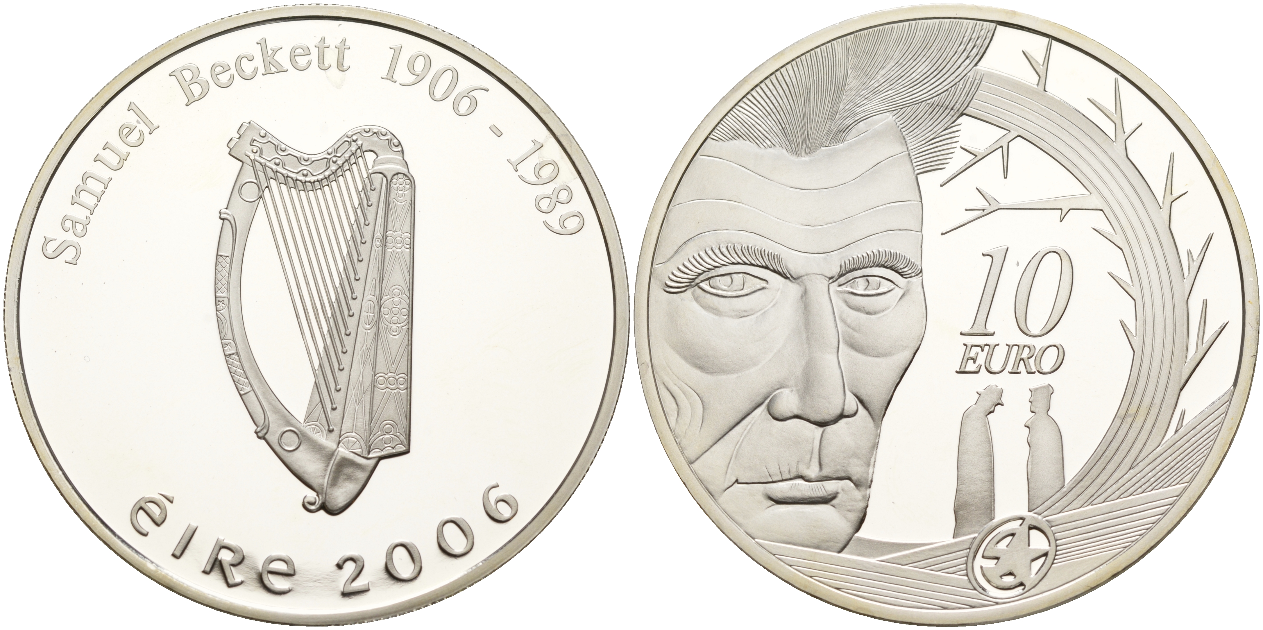 Ирландия 10 евро 2006 100 лет со дня рождения Сэмюэля Беккета, писатель, драматург, нобелевский лауреат KM 45 серебро PROOF 06-266-42