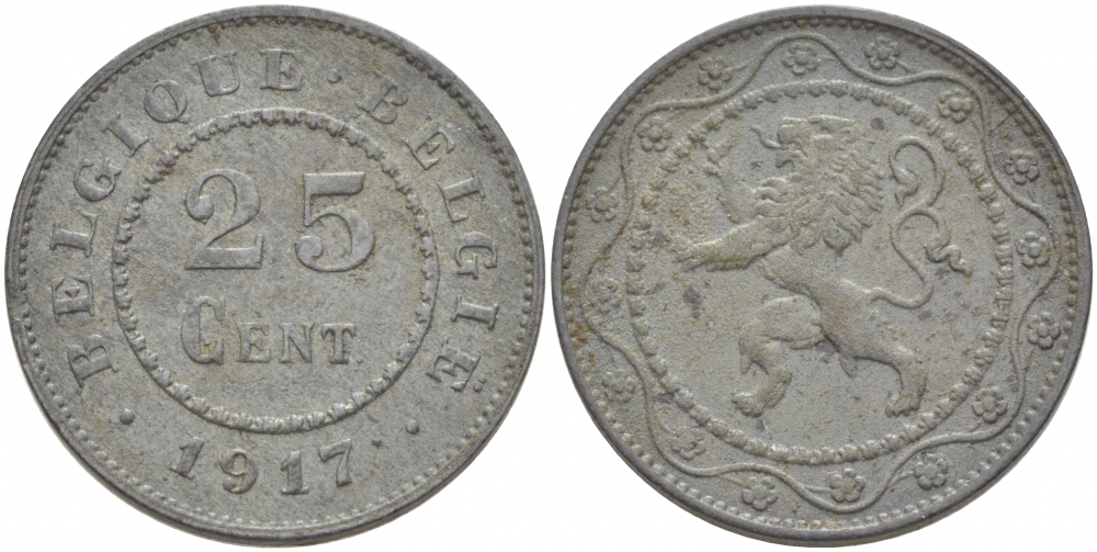 БЕЛЬГИЯ 25 САНТИМОВ 1917 BELGIQUE-BELGIE KM 82 цинк 3718-547