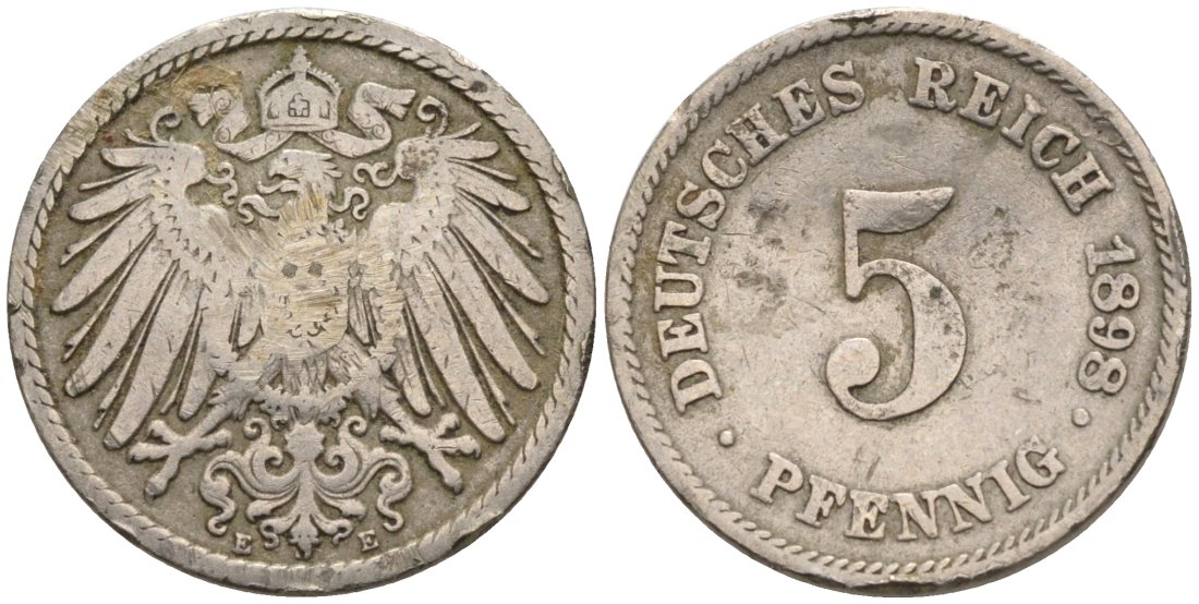 Германия 5 пфеннигов 1898 E KM 11, J. 12 медно-никель 4393-1226