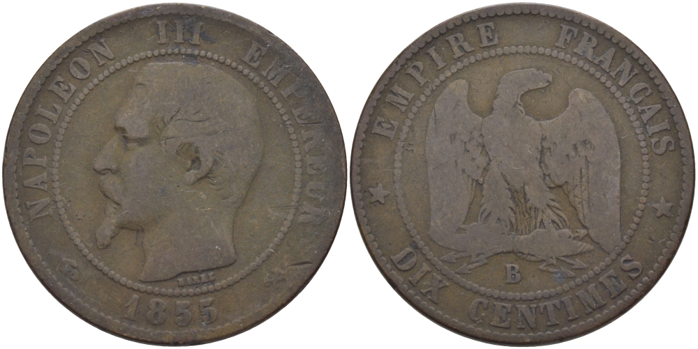 ФРАНЦИЯ 10 САНТИМОВ 1855 B, НАПОЛЕОН III (1852-1870) KM 771.2, LE FRANC 133.21 бронза 97-1045