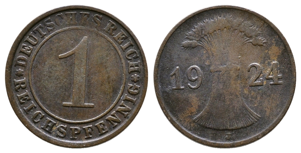 ГЕРМАНИЯ 1 РЕЙХСПФЕННИГ 1924 J KM 37, J.313 бронза 4380-1059