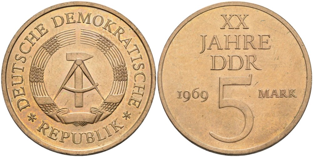 ГДР 5 марок 1969 А, 20 лет ГДР KM 22.1, J. 1524 никель бронза аUNC 4574-625