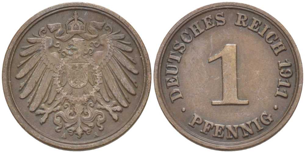 Германия 1 пфенниг 1911 A KM 10, J. 10, Weege 2 медь 112-1118