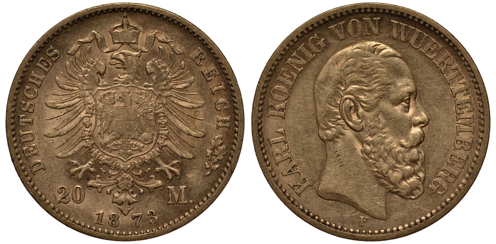 Вюртемберг 20 марок 1873 Карл J.290, KM 622 золото 00-000-00