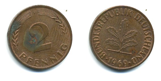 ФРГ 2 пфеннига 1969 F KM 106a, J.381a сталь плакированная медью 3999-1149