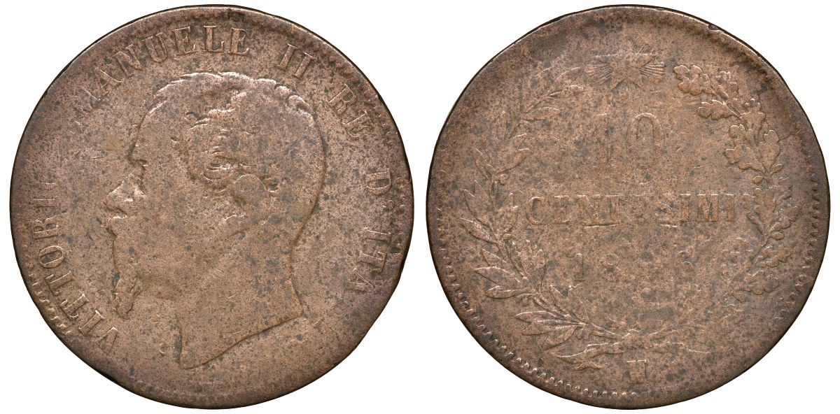 Италия 10 чентезимо 1866 N, Виктор Эммануил II KM 11.4 медь 4512-615