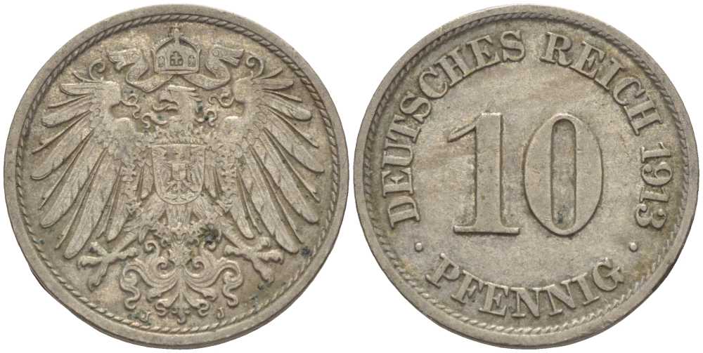 Германия 10 пфеннигов 1913 J KM 12, Jager 13, Weege 8 медно-никель 33-647