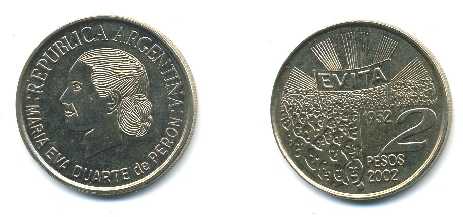 Аргентина 2 песо 2002 Мария Эва Дуарте де Перон KM 135 медно-никель UNC 37-332