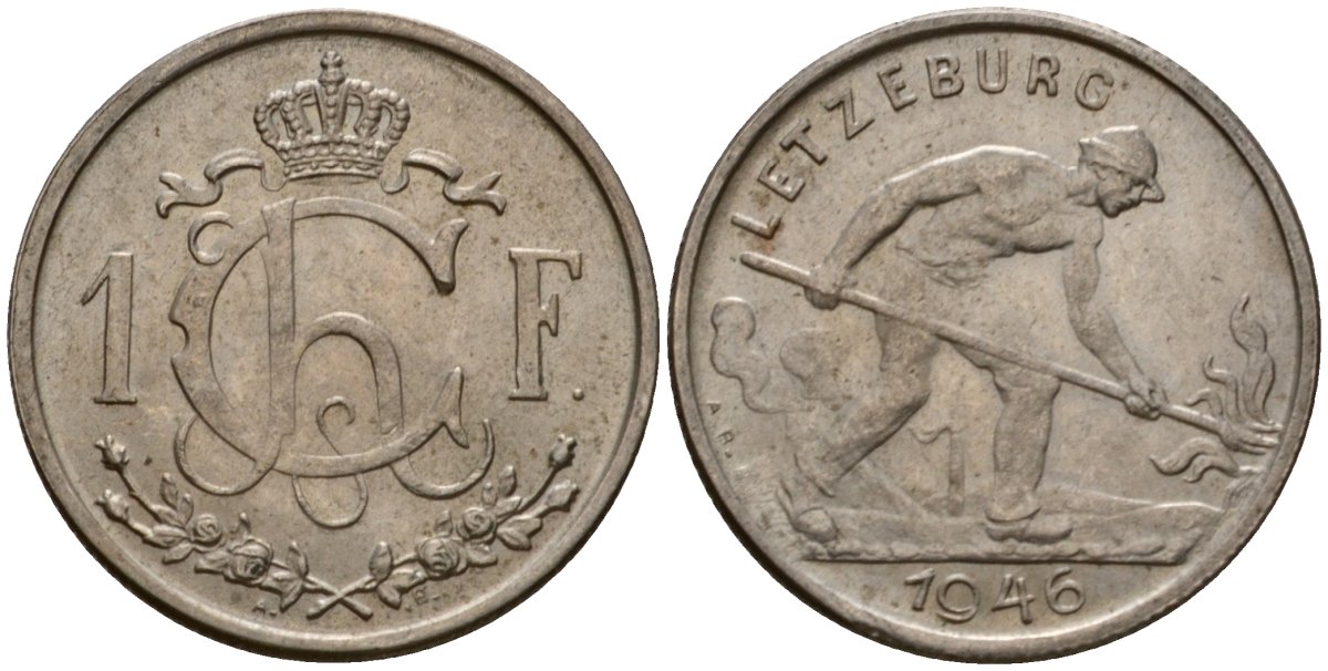 Люксембург 1 франк 1946 Шарлотта (1918-1964), сталевар KM 46.1 медно-никель 4603-1113