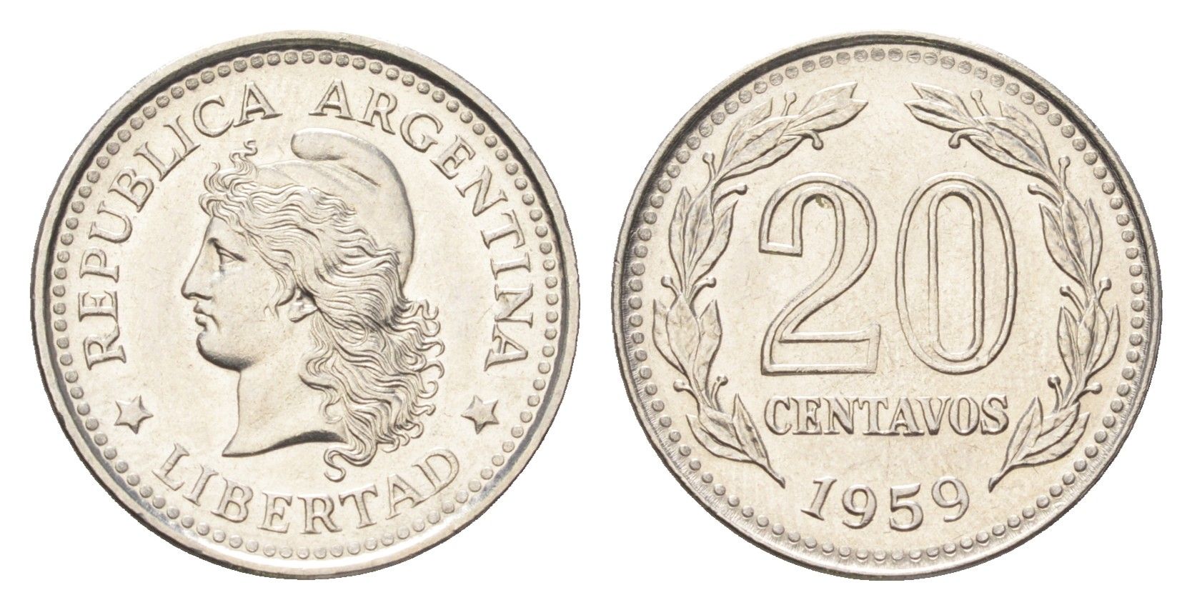 Аргентина 20 сентаво 1959 KM 55 сталь плакированная никелем UNC 4664-166