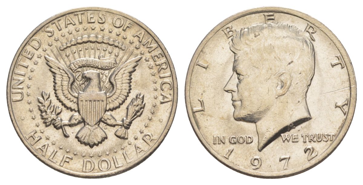 США 1/2 доллара (50 центов) 1972 Джон Кеннеди KM 202b медь плакированная медно-никелем aUNC 4157-325