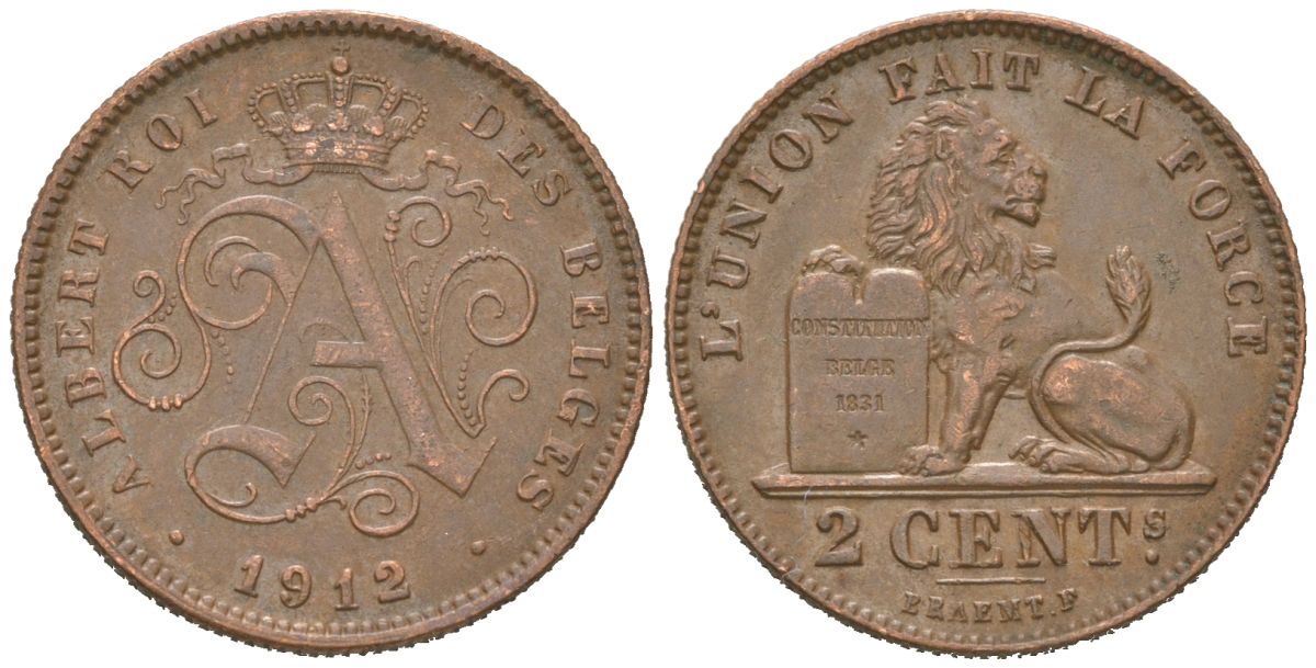 Бельгия 2 сантима 1912 Belges, Альберт I (1909-1934) KM 64 медь 4615-658