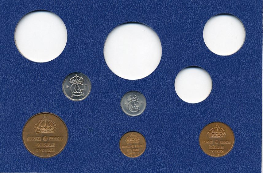 Швеция 1, 2, 5, 10, 25 эре 1971 Густав VI Адольф (1950-1973) в картоне набора монетного двора UNC 7-5-7-257
