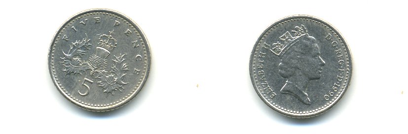 Великобритания 5 пенсов 1990 Елизавета II (1952-2022) KM 937b, Spink 4372 (D4) медно-никель 59-614