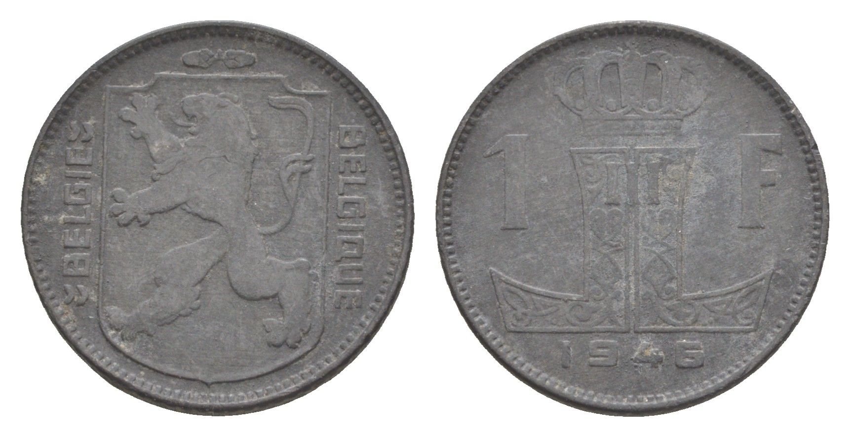 Бельгия 1 франк 1946 Belgie - Belgique, Леопольд III (1934-1947), германская оккупация, Вторая мировая война KM 128 цинк 4649-563