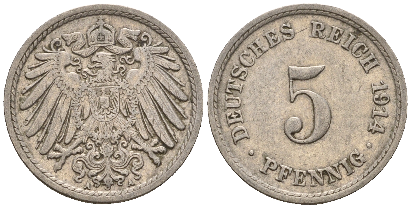 Германия 5 пфеннигов 1914 A, KM 11, J. 12 медно-никель 220-658