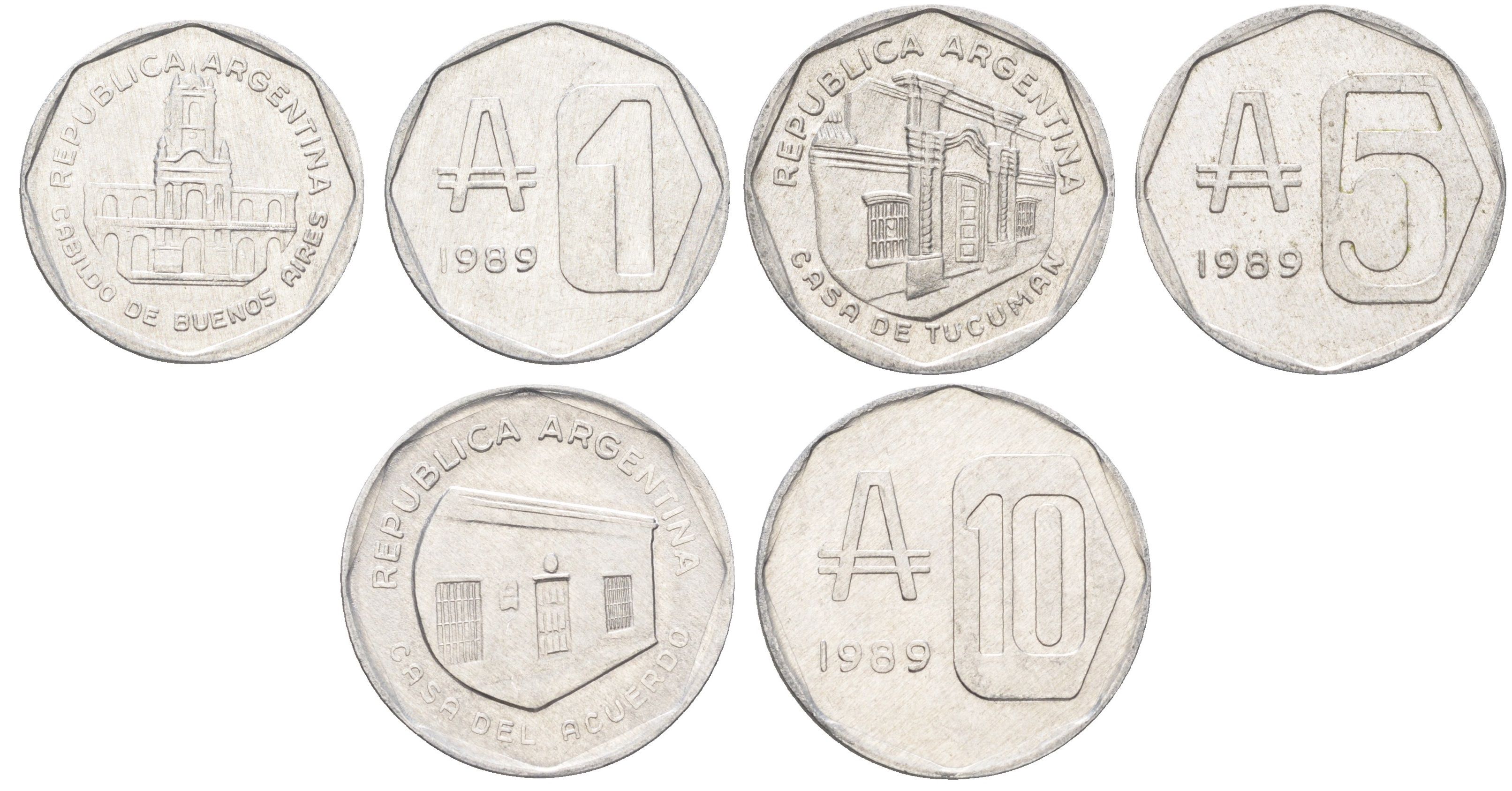 Аргентина годовой набор из 3 монет (1, 5 и 10 аустралей) 1989 KM 100, 101 и 102 алюминий UNC 4662-811-813