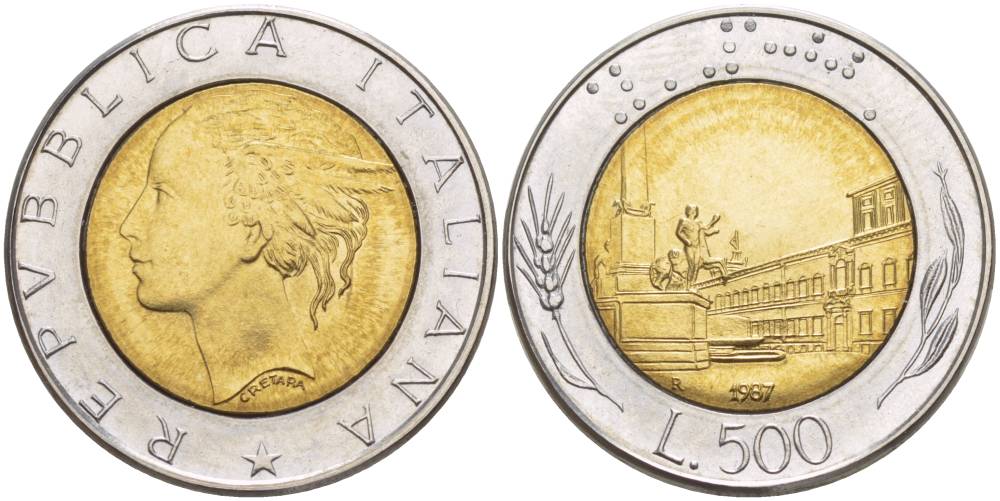 ИТАЛИЯ 500 ЛИР 1987 R, КРИВИНАЛЬСКИЙ ДВОРЕЦ В РИМЕ KM 111 биметалл 4551-544