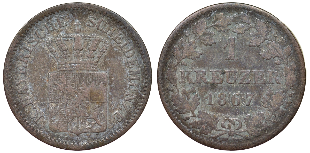 Бавария 1 крейцер 1867 Людвиг II (1864-1886) KM 487 серебро 71-1058